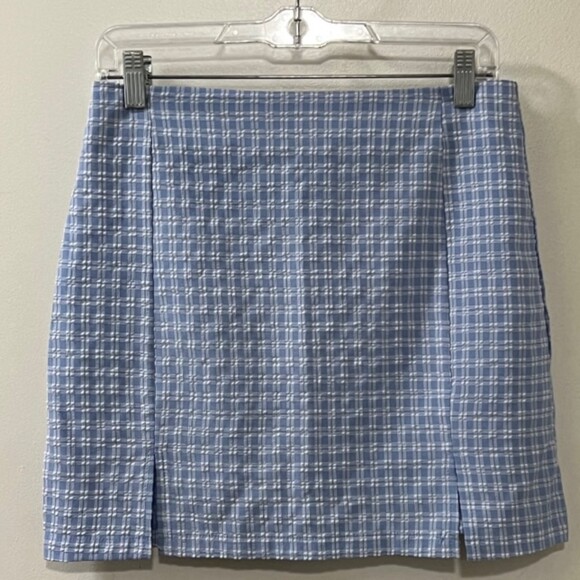 SHEIN Womens Blue Wht Seersucker A Line Mini Skirt with Double Slit Size Medium - Picture 3 of 10